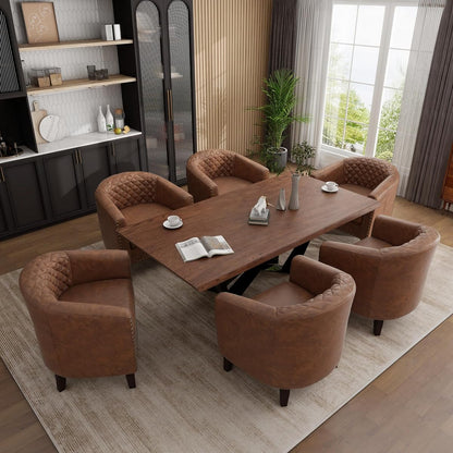Faux Leather Barrel Accent Chairs Set of 6, Modern Club Upholstered Arm Chair, Comfy Armchair Nailed Trim Living Room Single Sofa Reading Seat Bedroom Side Sitting for Office, Brown