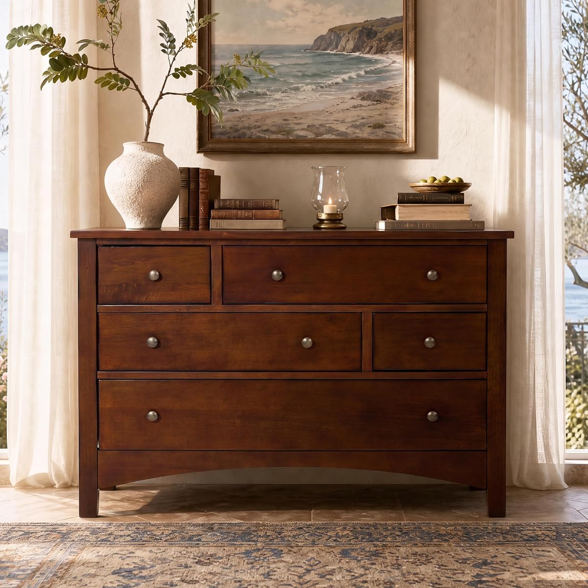 Jacob Solid Wood 5-Drawer Dresser for Bedroom, Living Room（Walnut）