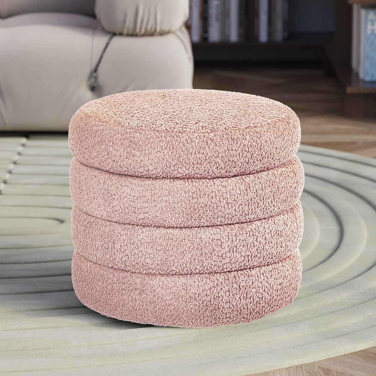 Storage Ottoman, Round Ottoman with Storage, Vanity Stool Foot Rest with Removable Lid, Round Boucle Upholstered for Living Room Pouf Footstool (Pink)