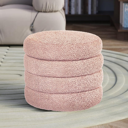 Storage Ottoman, Round Ottoman with Storage, Vanity Stool Foot Rest with Removable Lid, Round Boucle Upholstered for Living Room Pouf Footstool (Pink)