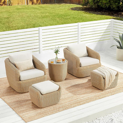 CHITA 5 Pieces Patio Wicker Furniture Set, Outdoor Rattan Bistro Set with Removable Thickened Cushions, Fully Assembled(Beige Cushions with Light Brown Wicker)