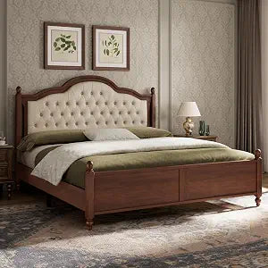 Solid Wood King Size Bed Frame with Upholstered Headboard, view 2