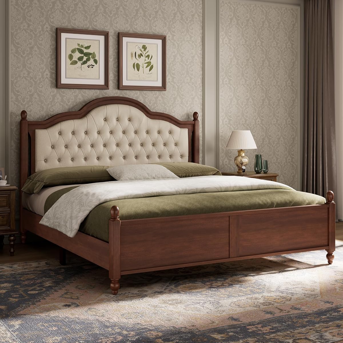 Solid Wood King Size Bed Frame with Upholstered Headboard