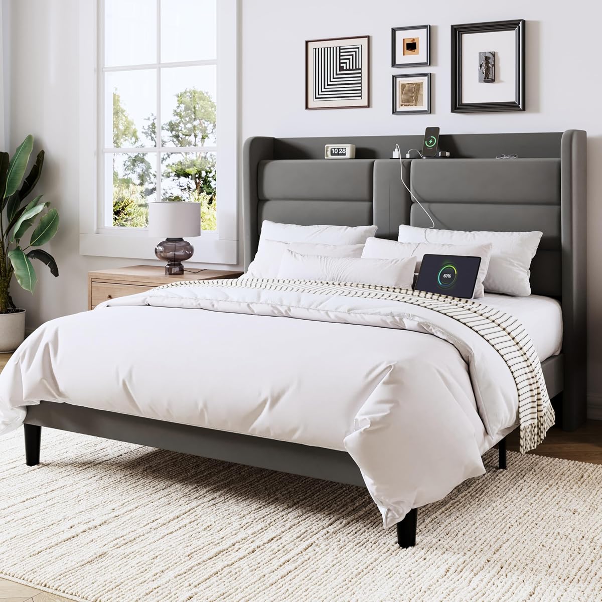 Queen Size Platform Bed Frame with Charging Station & Storage Headboard