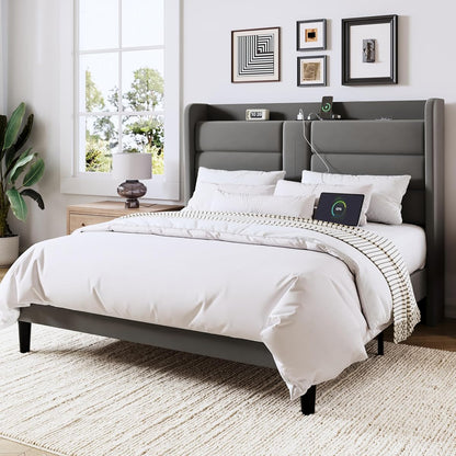 Queen Size Platform Bed Frame with Charging Station & Storage Headboard