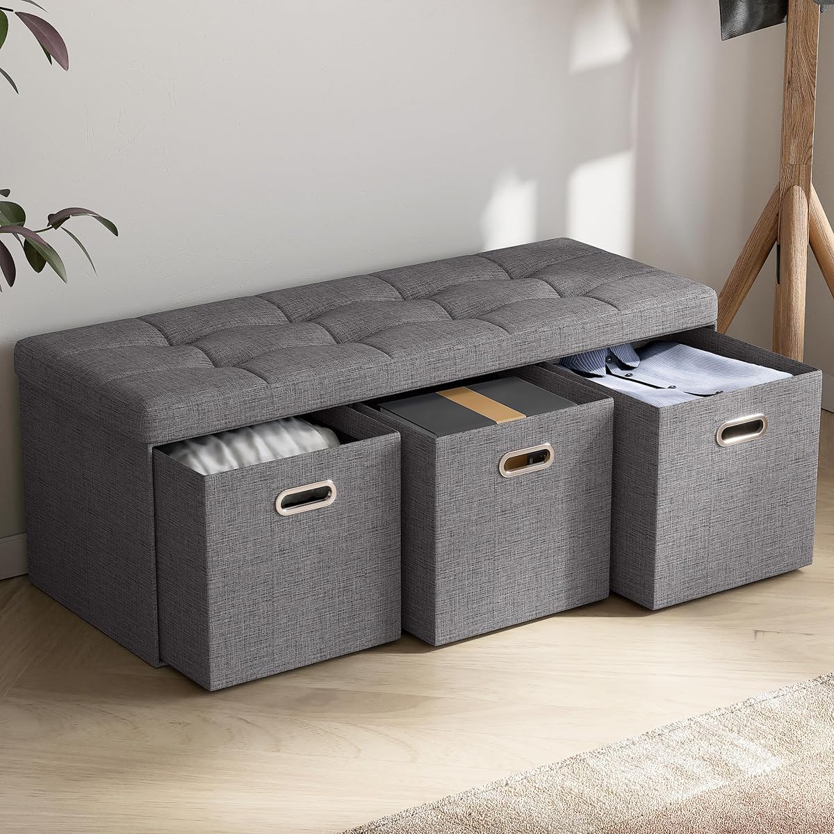 40 Inch Storage Ottoman with 3 Drawers, Tufted Linen, Dark Gray | Foldable Large Bench Design; Foot Rest Stool Seat; Ideal for Living Room, Bedroom or Entryway