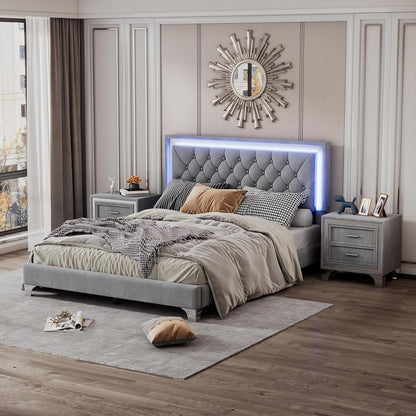 3-Pieces Bedroom Sets, Harper & Bright Designs Queen Size LED Velvet Platform Bed Frame with LED Lights & Tufted Headboard, Wood Slat Support, No Box Spring Needed, Easy Assembly (Grey)