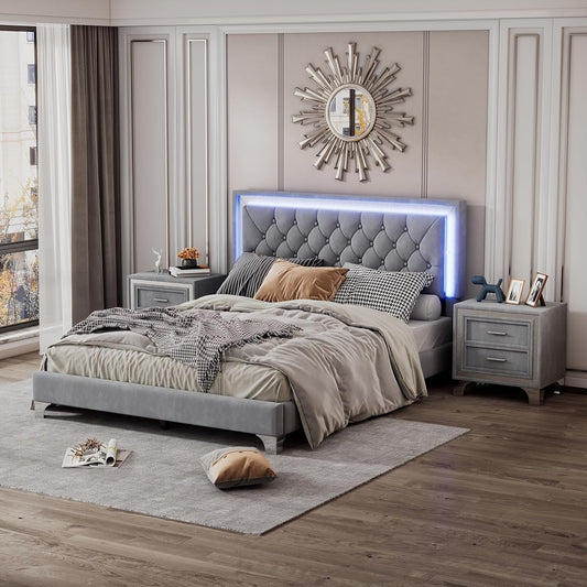 3-Pieces Bedroom Sets, Harper & Bright Designs Queen Size LED Velvet Platform Bed Frame with LED Lights & Tufted Headboard, Wood Slat Support, No Box Spring Needed, Easy Assembly (Grey)
