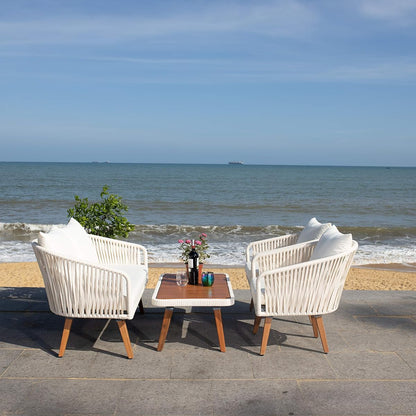 SAFAVIEH Outdoor Collection Ransin Beige/Beige/Natural Solid Wood 4-Piece Conversation Patio Set
