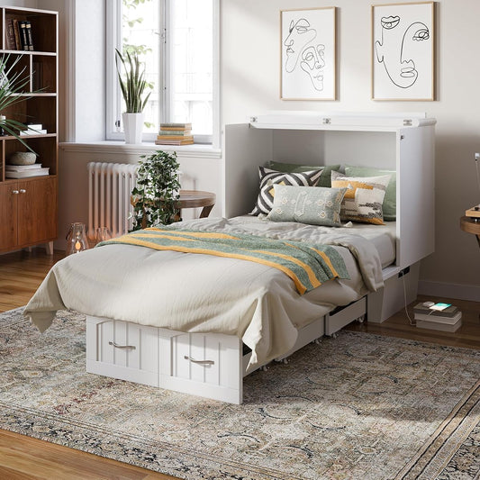Sydney Twin Wood Murphy Bed Chest with 6" Mattress, Storage Drawer & Built-in USB Charger, White