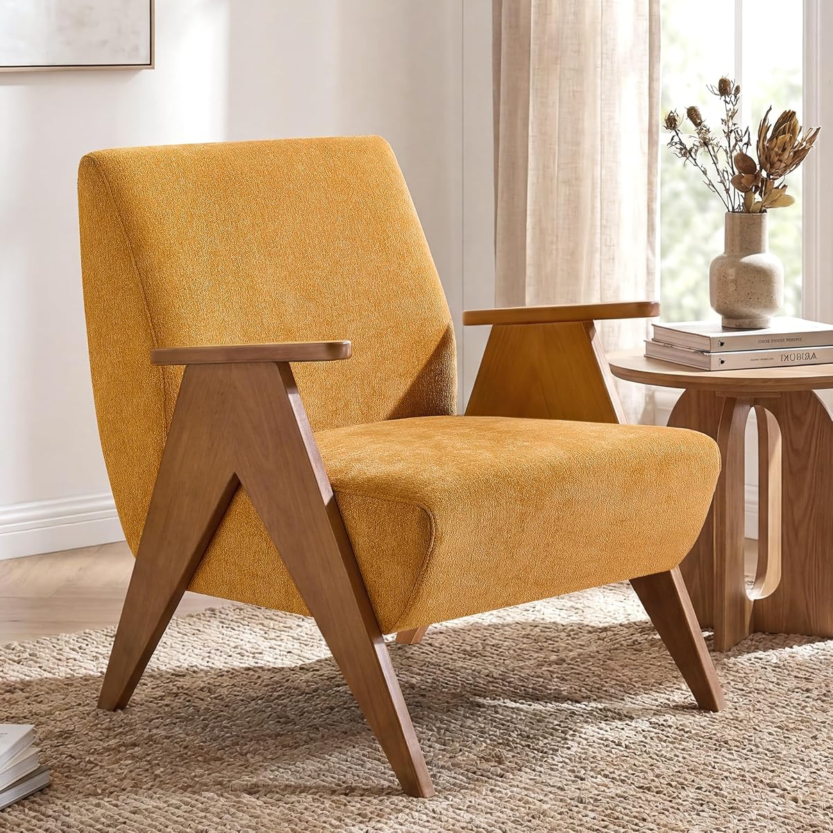 Accent Chair, Upholstered Living Room Chair, Arm Chair with Solid Wood Legs, Mid Century Modern Chair for Bedroom, Living Room, Apartment (Yellow)