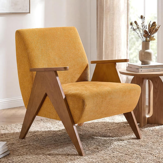 Accent Chair, Upholstered Living Room Chair, Arm Chair with Solid Wood Legs, Mid Century Modern Chair for Bedroom, Living Room, Apartment (Yellow)