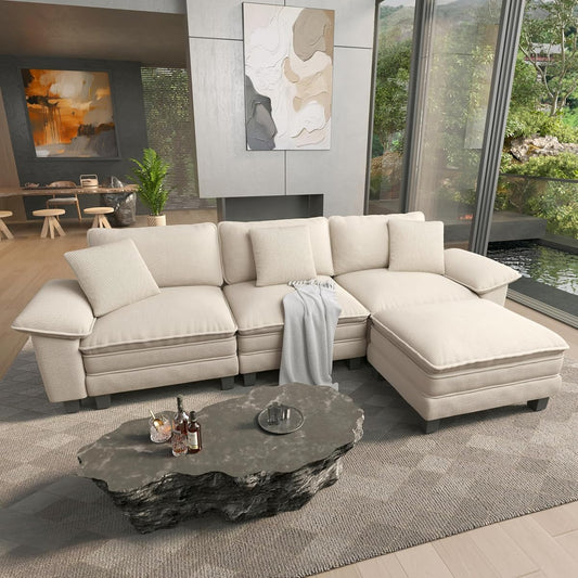 124" Oversized Modular Sectional L Shaped Sofa,Chenille Beige | 4-Seater Living Room Couches, Wider Armrest and Deep Seat, Comfy Cloud Couch with Ottoman, Wood Sturdy Frame