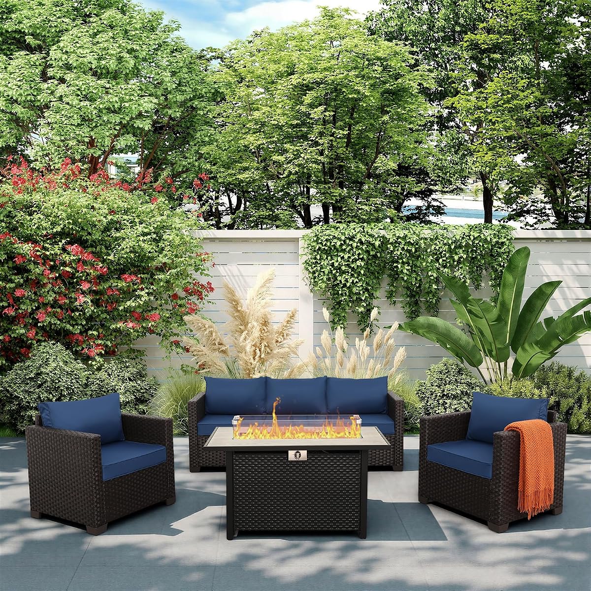 4 Piece Patio Furniture Set 45 Inches Fire Pit Table Outdoor Furniture Sets Patio Couch Outdoor Chairs 50000 BTU Propane Fire Pit with No-Slip Cushions and Waterproof Covers, Navy Blue