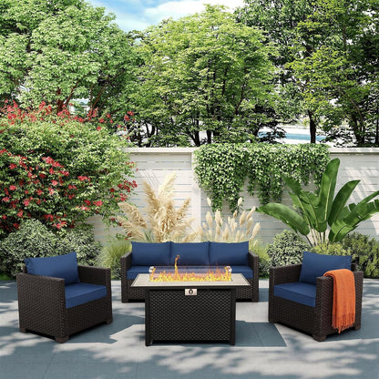 4 Piece Patio Furniture Set 45 Inches Fire Pit Table Outdoor Furniture Sets Patio Couch Outdoor Chairs 50000 BTU Propane Fire Pit with No-Slip Cushions and Waterproof Covers, Navy Blue