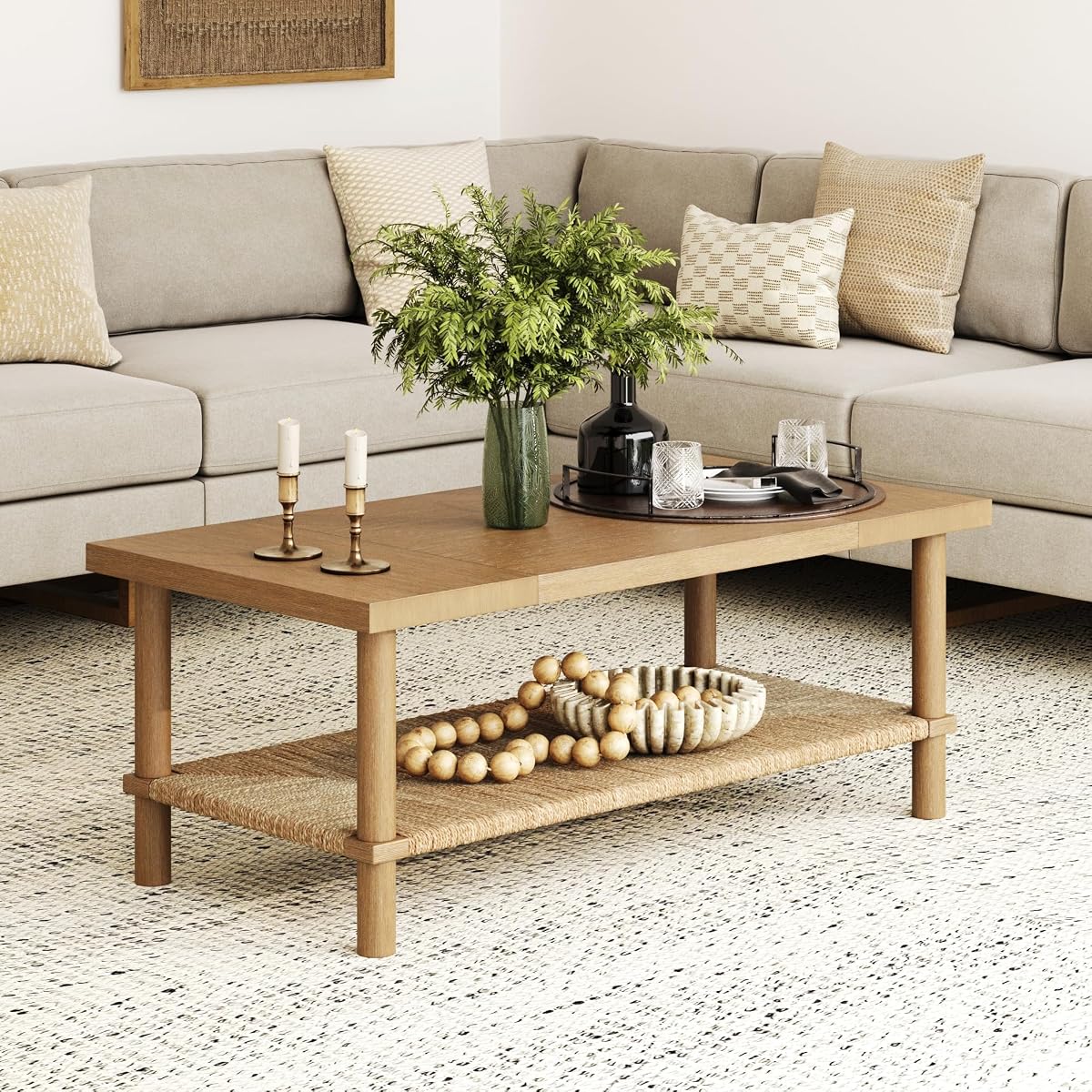 Nathan James Beacon Bohemian Coffee Table with Storage, 2-Tier Rectangle Coffee Table with Solid Wood Legs and Seagrass Shelf, Light Brown