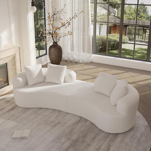 106.7" Modern Curved Oversized Sectional Sofa, Minimalist Modular Cloud Couch with 4 Throw Pillows, Luxury 4-Seater Extra Deep & Wide Seat Sofa in Soft Teddy Fabric, Cream White