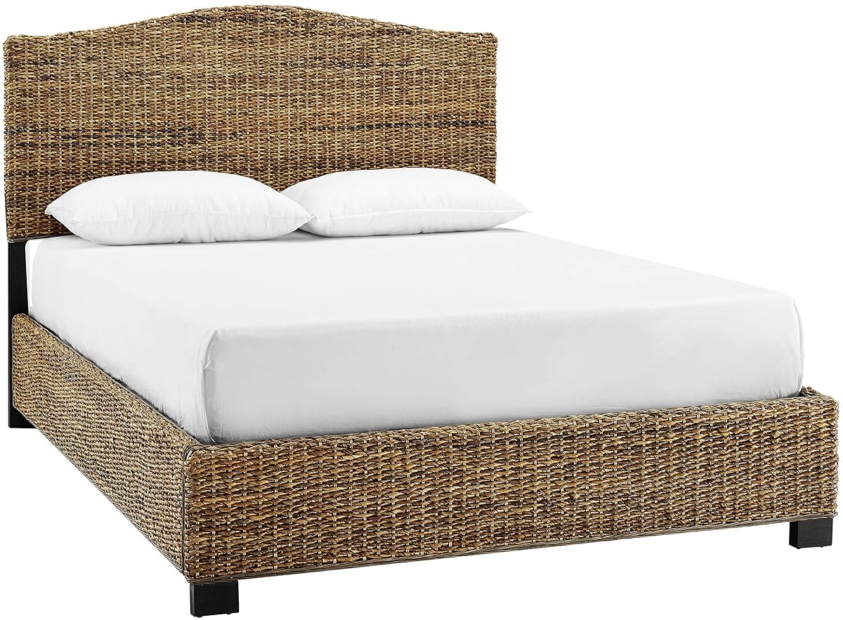 Serena Bed, Handwoven Natural Fiber Rattan Headboard and Footboard Set, Banana Leaf, Queen