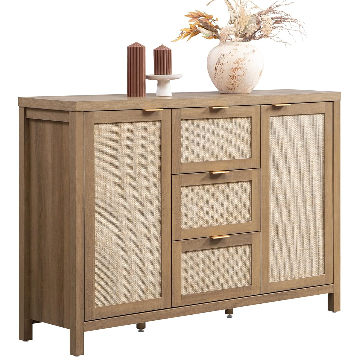 52 Inch Rattan Sideboard Buffet Coffee Bar Cabinet with 3 Drawers