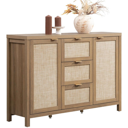 52 Inch Rattan Sideboard Buffet Coffee Bar Cabinet with 3 Drawers