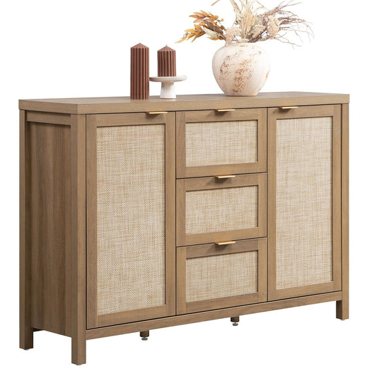 52 Inch Rattan Sideboard Buffet Coffee Bar Cabinet with 3 Drawers