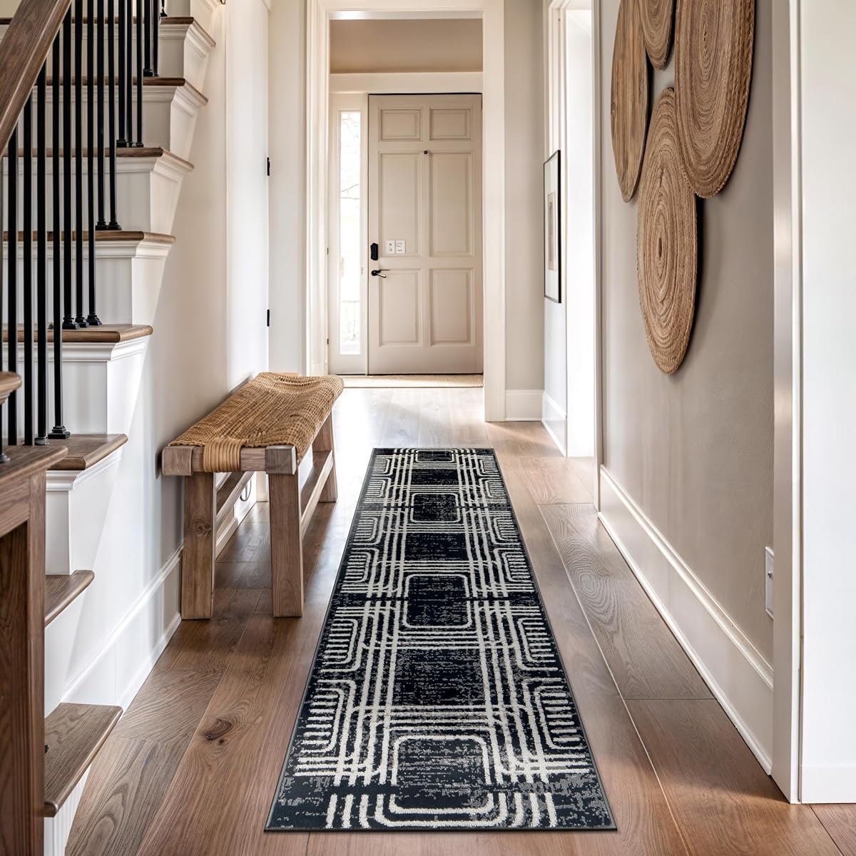 Black and White Geometric Area Rug – Abstract Curved Line and Square Pattern Carpet for Living Room, Bedroom, or Office – Contemporary Soft Floor Décor 2' 3" x 8' Runner Black