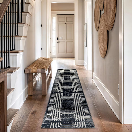 Black and White Geometric Area Rug – Abstract Curved Line and Square Pattern Carpet for Living Room, Bedroom, or Office – Contemporary Soft Floor Décor 2' 3" x 8' Runner Black