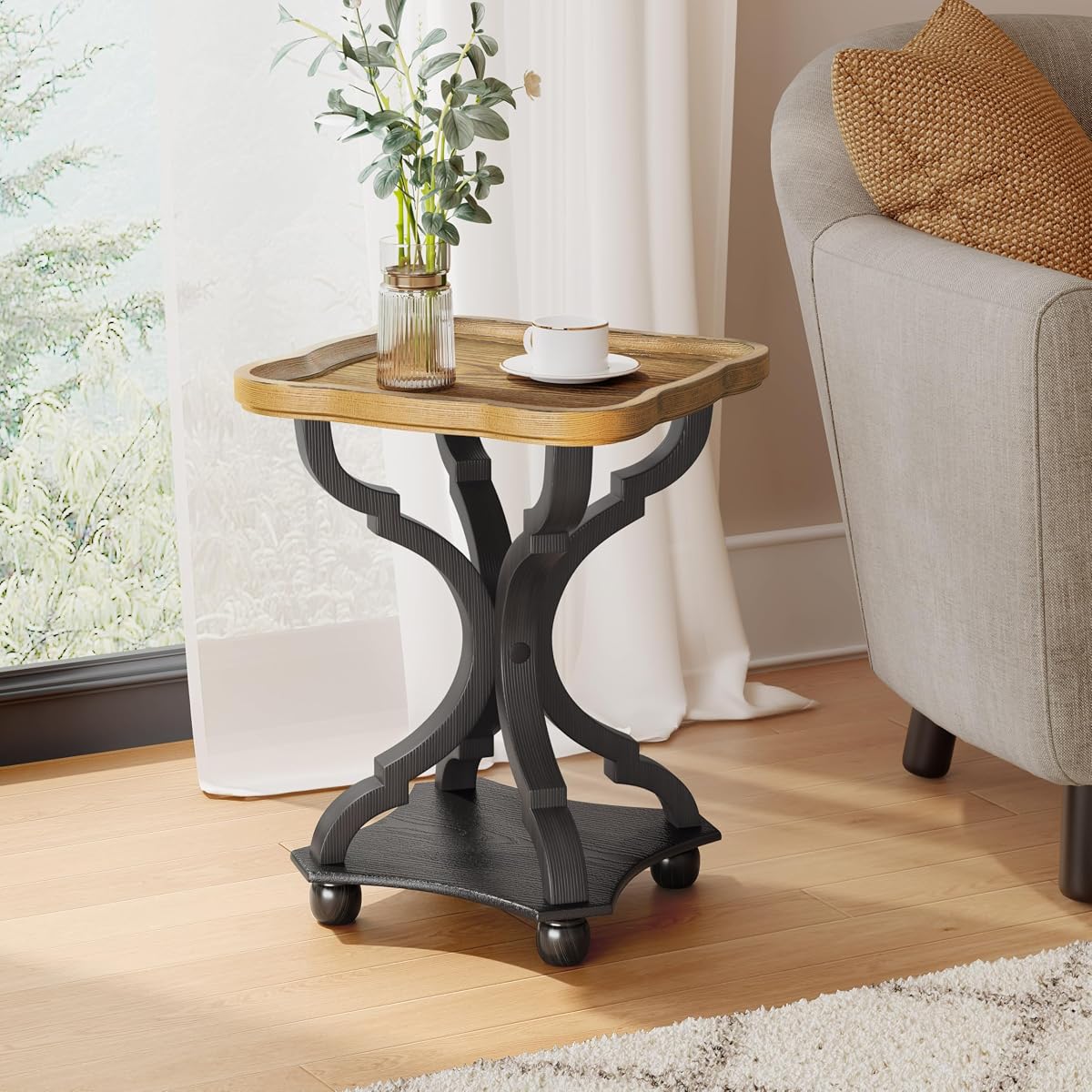 Black and natural hourglass small end table with lipped top