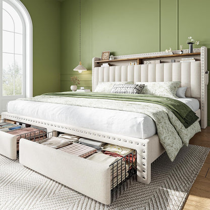 King Size Bed Frame with 2 Drawer & 2-Tier Storage Headboard Shelf