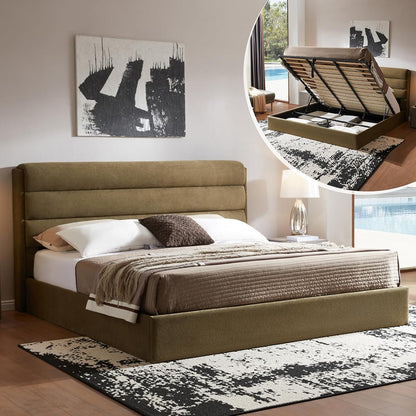 King Size Lift Up Storage Bed, Linen Upholstered Platform Bed, Green