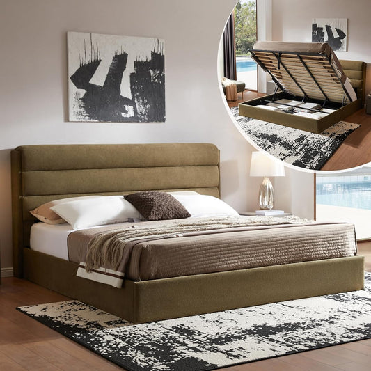 King Size Lift Up Storage Bed, Linen Upholstered Platform Bed, Green