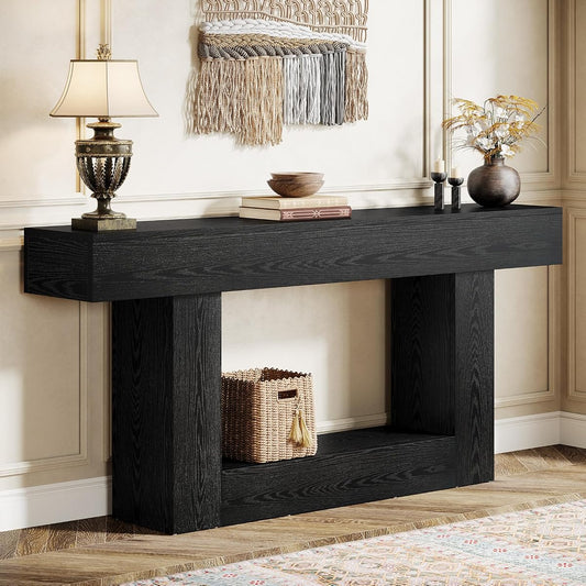 Tribesigns 63" Console Table, Farmhouse 2-Tier Entryway Table with U-Shaped Base, Narrow Long Wood Sofa Table Behind Couch Table for Living Room, Hallway, Foyer, Black