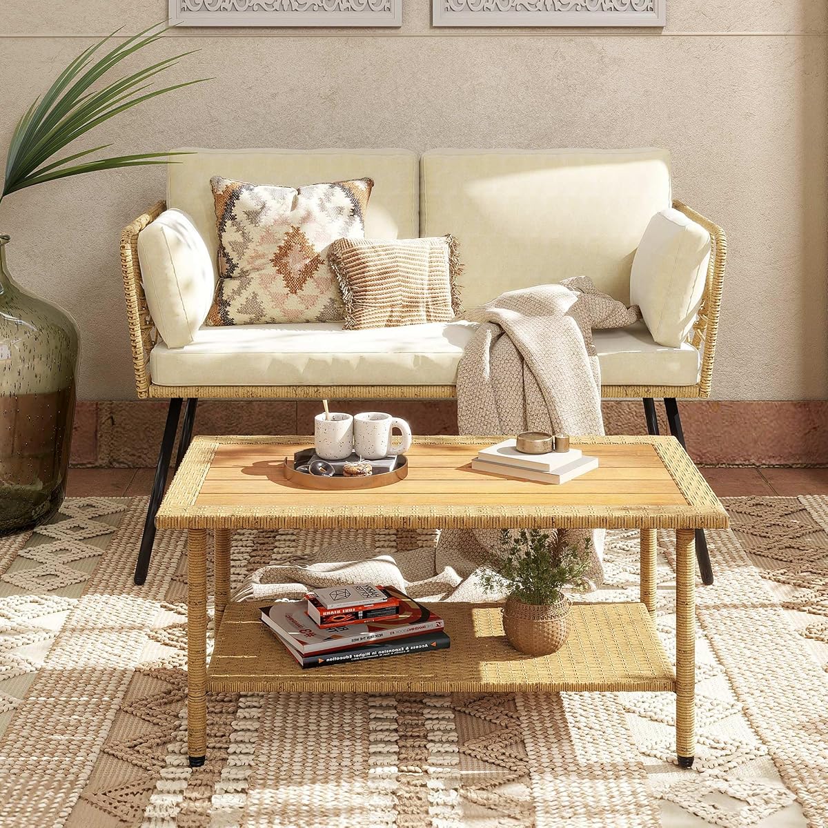 2 Pieces Patio Furniture Set, All-Weather Wicker Rattan Loveseat with Thick Cushions & Table, Outdoor Conversation Set for Patio, Balcony, Backyard, Deck, Poolside