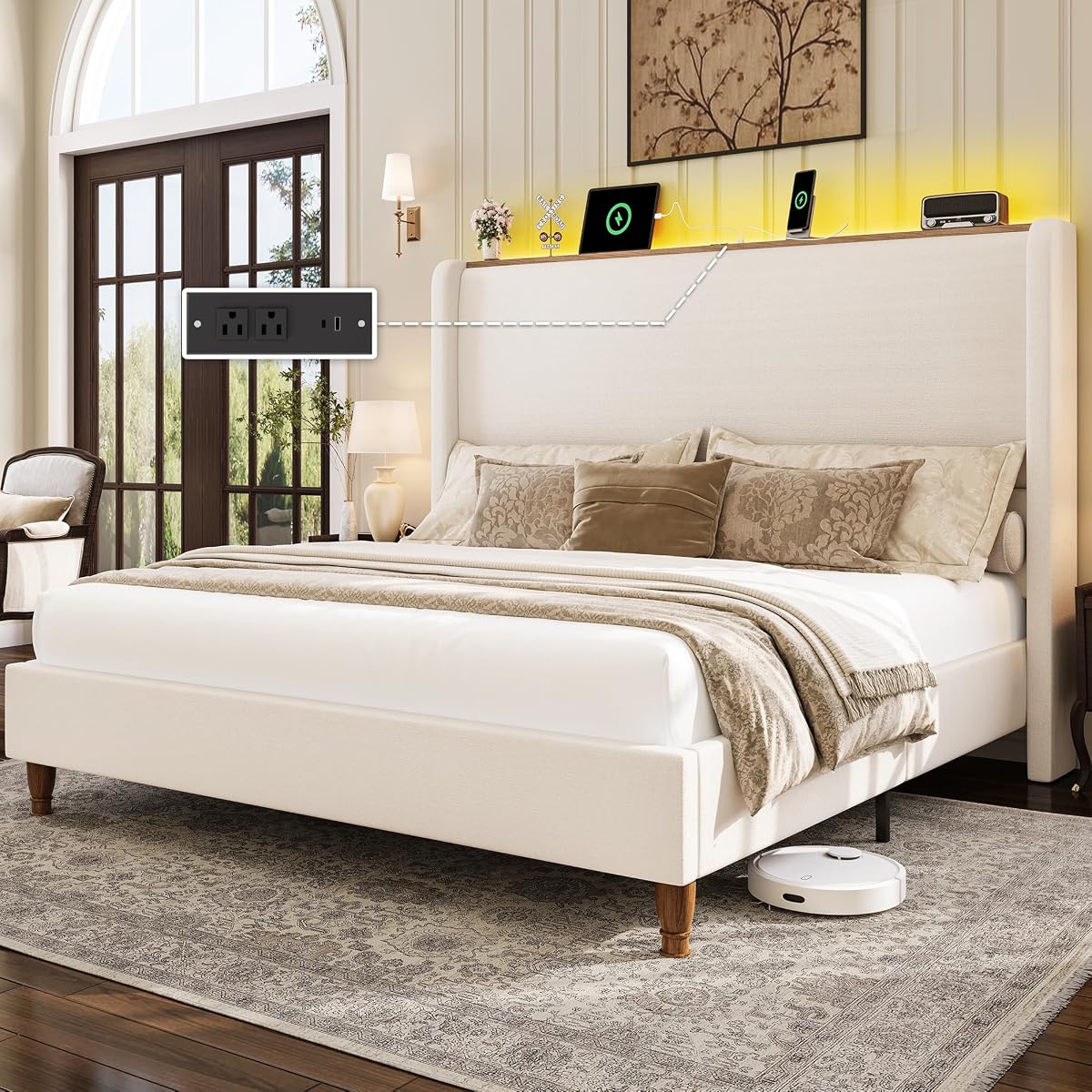 Queen Size Bed Frame with LED Lights and Charging Station Linen Upholstered