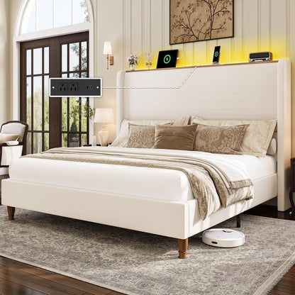 Queen Size Bed Frame with LED Lights and Charging Station Linen Upholstered