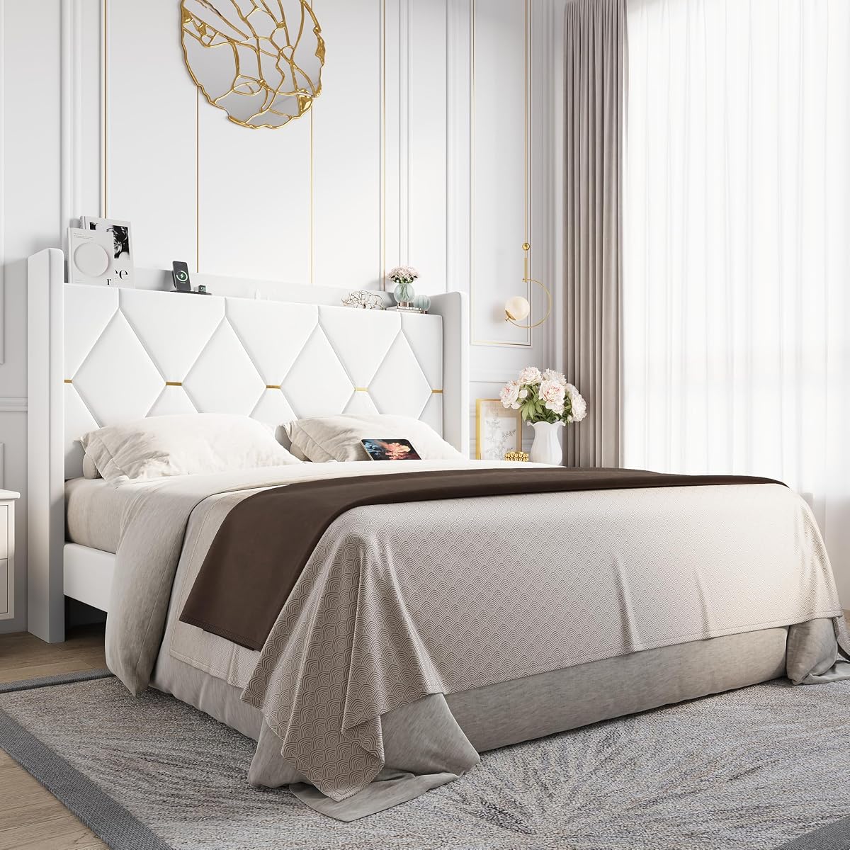 Full Size Bed Frame with Storage Headboard & Smart Charging Station