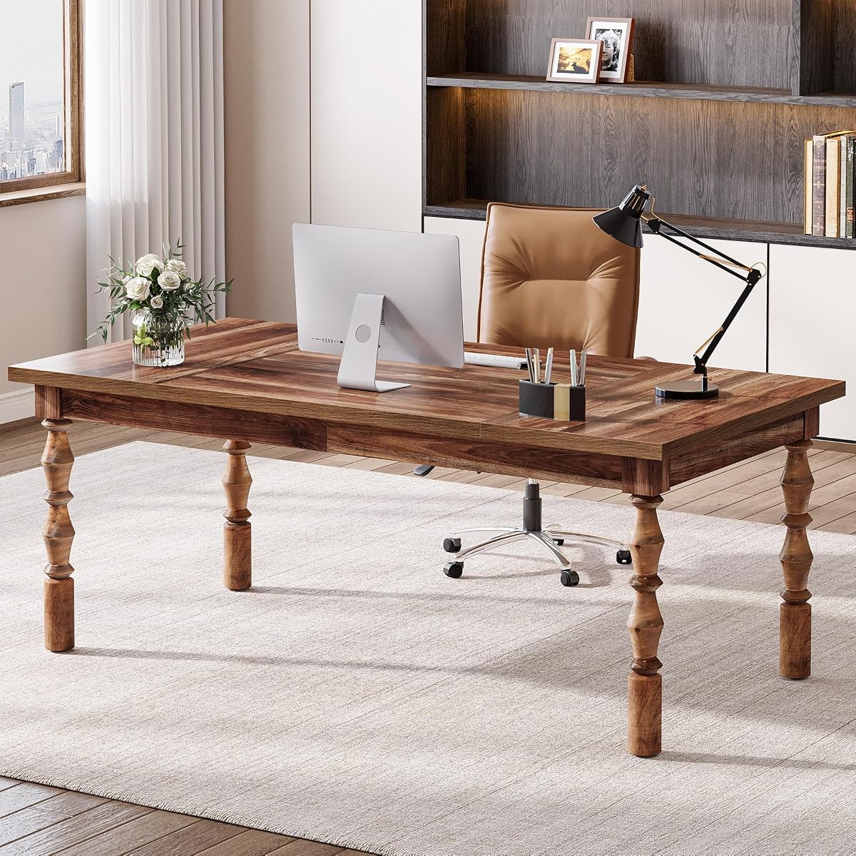 Large Walnut Executive Office Desk, 62" Farmhouse Computer Desk