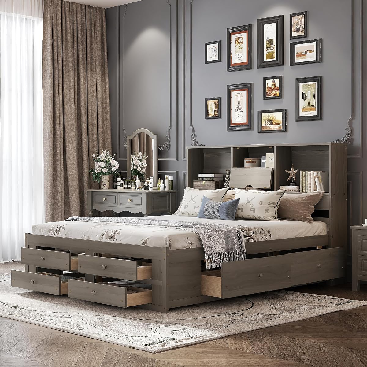 King Size Bed Frame with Storage Headboard and 8 Drawers