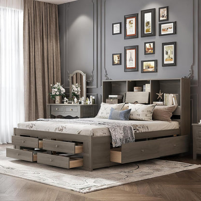King Size Bed Frame with Storage Headboard and 8 Drawers