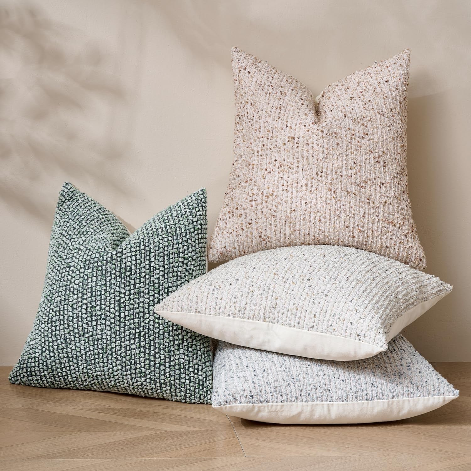 Striped Throw Pillow Covers 18X18 Set of 2 Cream Grey Textured Boucle Chic Morden Boho Accent Farmhouse Square Decorative Couch Pillow Covers for Home Decor Bed Sofa Living Room