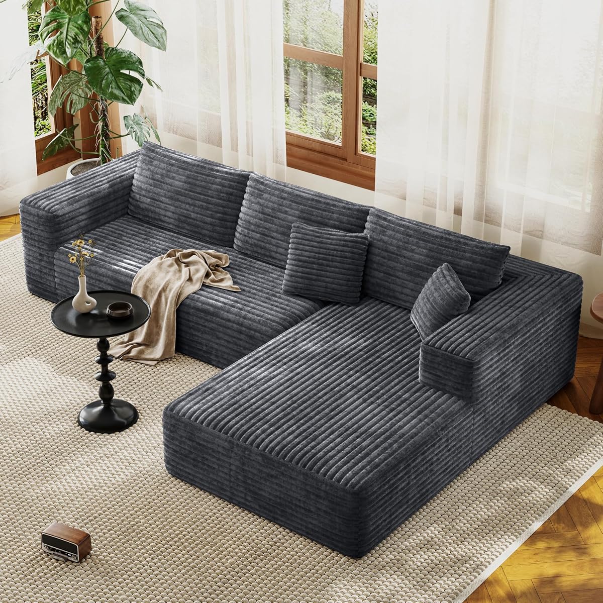 Modular Sectional Couches for Living Room, Comfy Shaped Boneless Cloud Couch with Chaise, Modern Deep Seat Corduroy Floor Sofa, No Assembly Required (Grey, 107" L-Shaped Right)