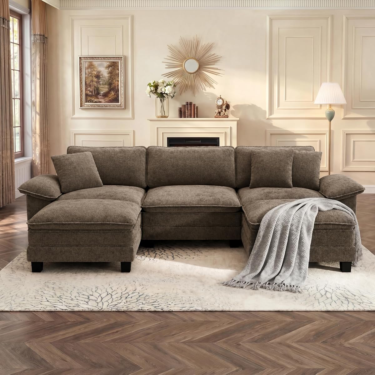 Cloud Modular Couch Sets, 123.6" Oversized Sectional Sofa with U-Shaped Chaise, 5-Seater Couches with 2 Movable Ottomans for Living Room, Chenille Grayish Brown