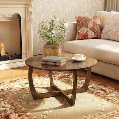 33.5"D Round Wood Coffee Table with Curved Legs, Wood Grain Top | Brown Walnut Wood Tabletop & Legs, Farmhouse Cocktail Table for Living Room, Solid Circle Center Wooden Table