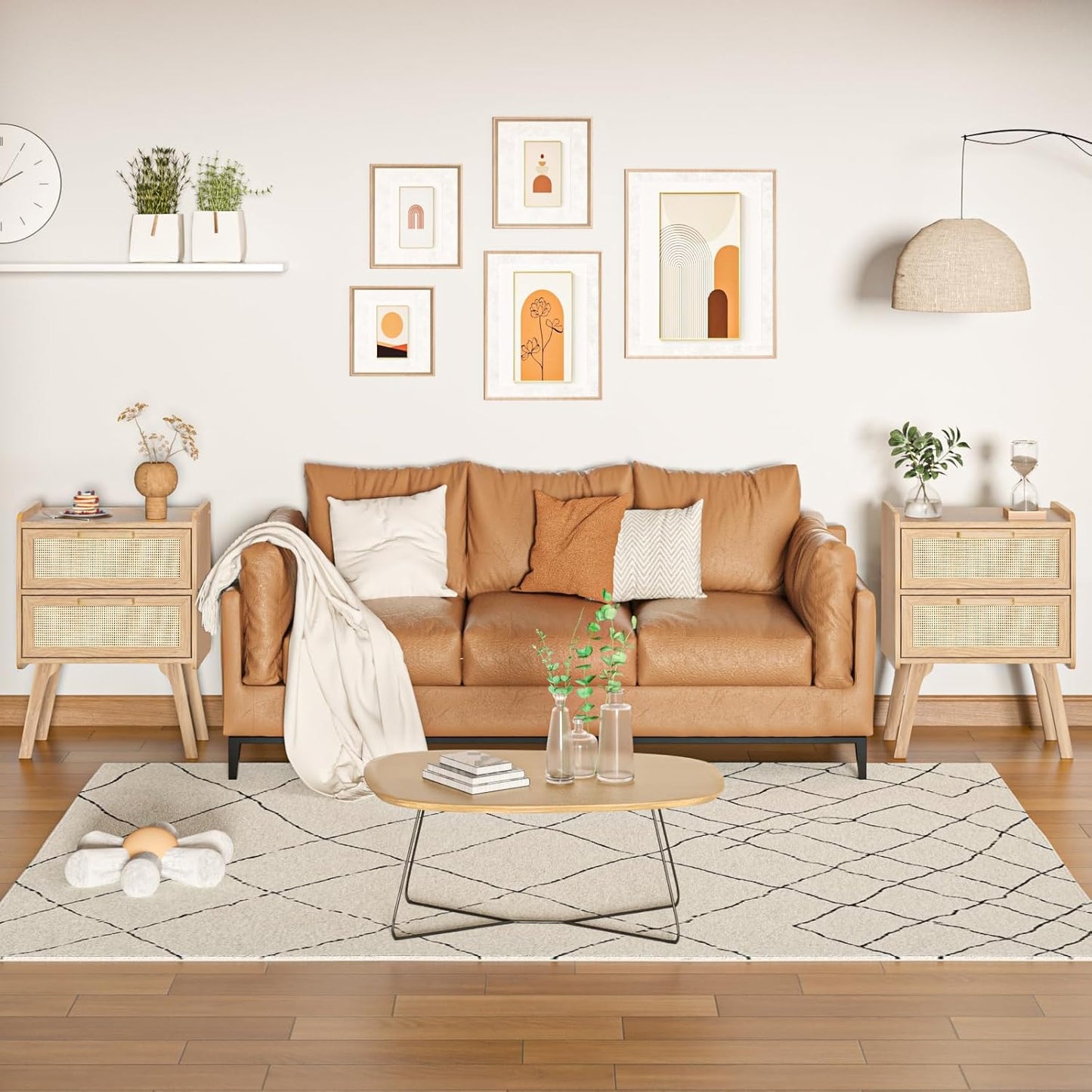 Rattan Nightstands Set of 2, Boho Night Stand with 2 Drawers, Cane Accent Side End Table, Bedside Table with Solid Wood Legs for Bedroom, Dorm and Small Spaces (Natural)