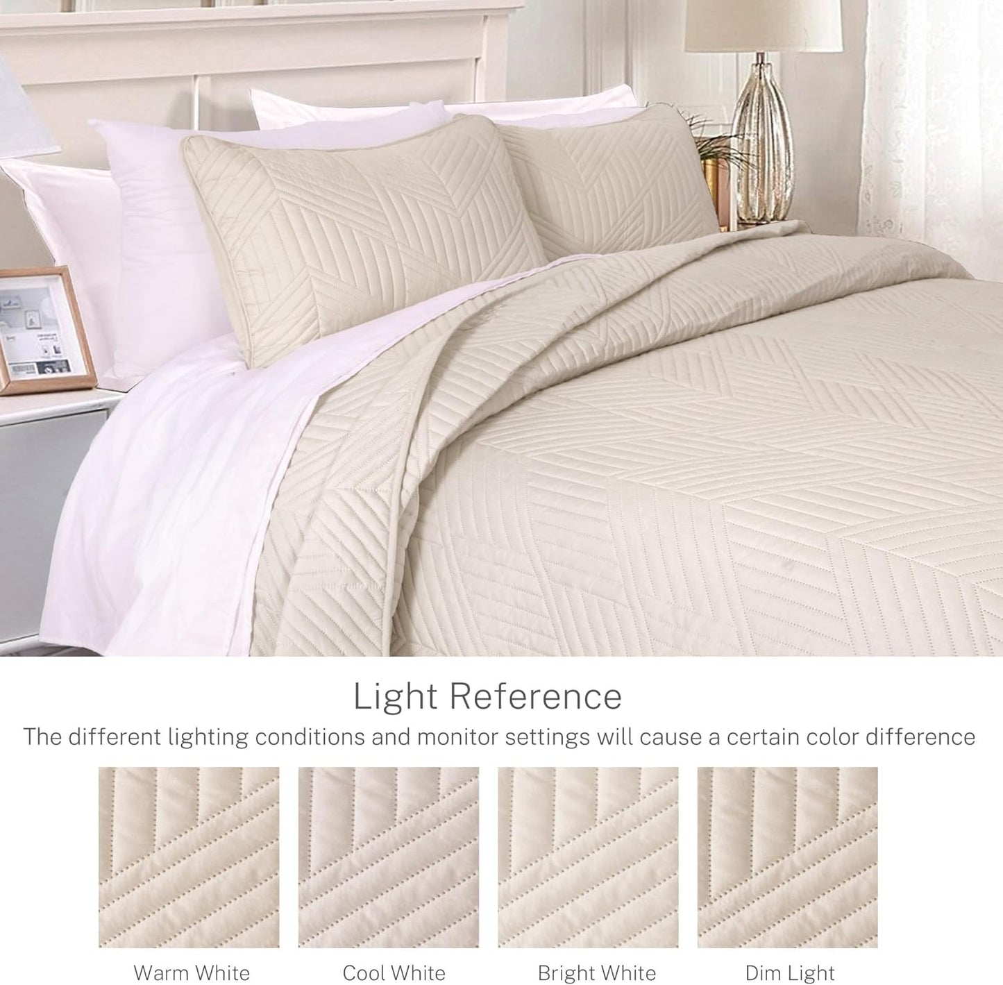 Ultrasonic King Quilt Bedding Set, Lightweight Brich Beige Bedspreads Soft Modern Geometric Coverlet Set for All Seasons (1 Quilt and 2 Pillow Shams)