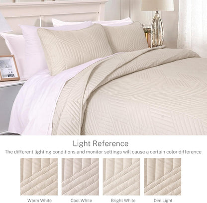 Ultrasonic King Quilt Bedding Set, Lightweight Brich Beige Bedspreads Soft Modern Geometric Coverlet Set for All Seasons (1 Quilt and 2 Pillow Shams)