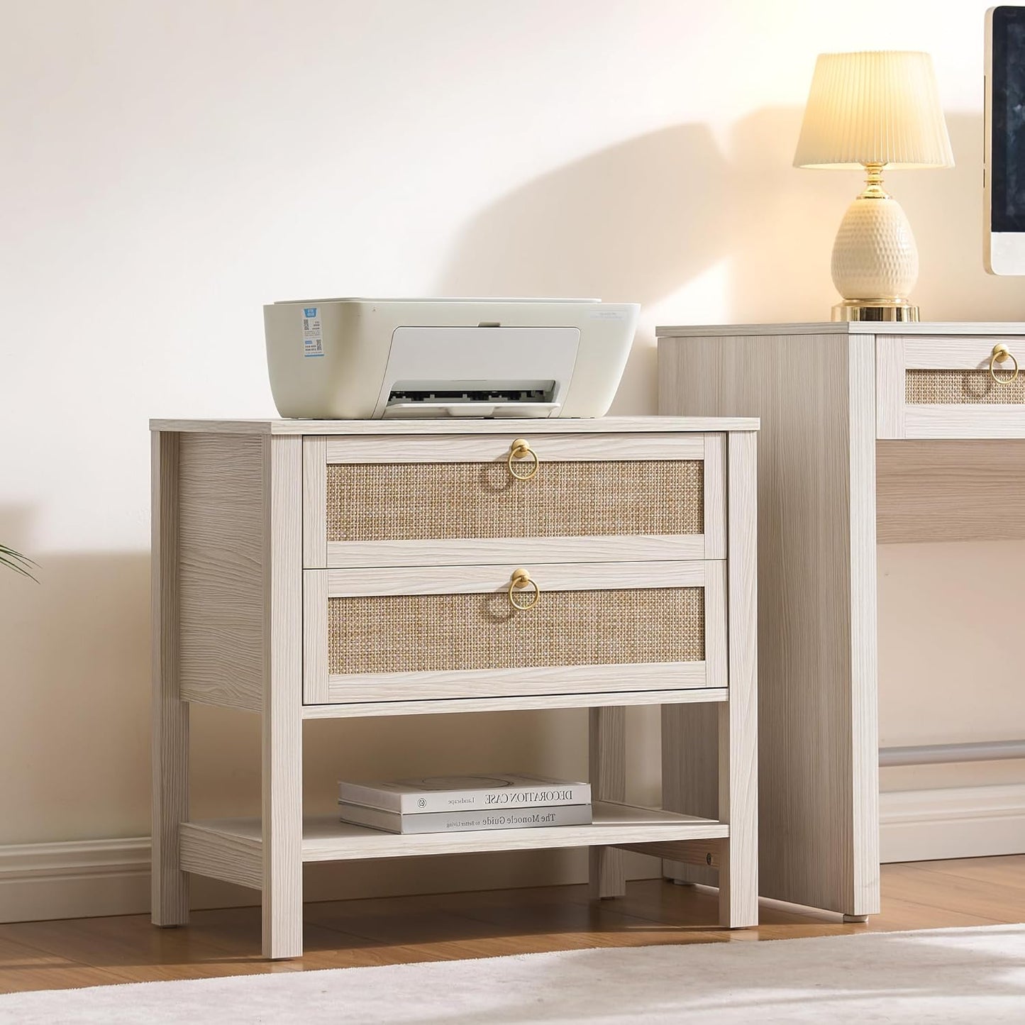 Boho Rattan Nightstand Set of 2, 26.7" Extra Wide Bedside Table with 2 Drawers & Open Shelf, White Oak Large Side Table for King Size Bed, Modern Coastal End Table for Master Bedroom