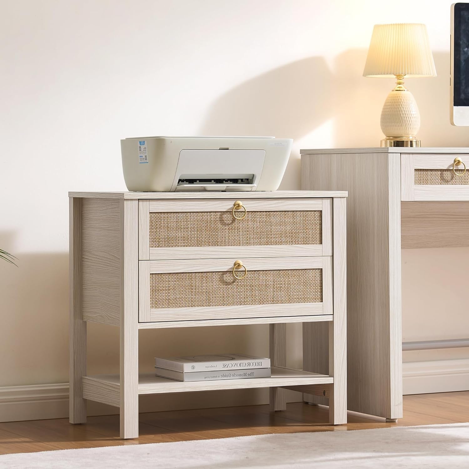 Boho Rattan Nightstand Set of 2, 26.7" Extra Wide Bedside Table with 2 Drawers & Open Shelf, White Oak Large Side Table for King Size Bed, Modern Coastal End Table for Master Bedroom