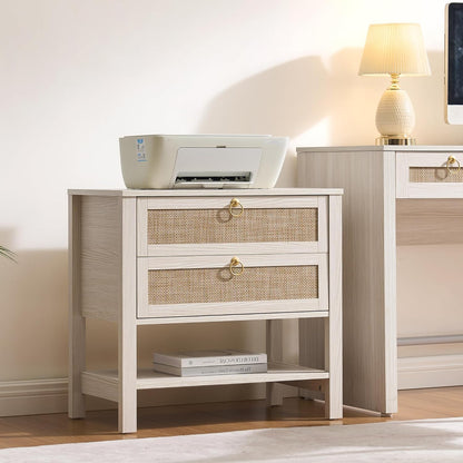 Boho Rattan Nightstand Set of 2, 26.7" Extra Wide Bedside Table with 2 Drawers & Open Shelf, White Oak Large Side Table for King Size Bed, Modern Coastal End Table for Master Bedroom