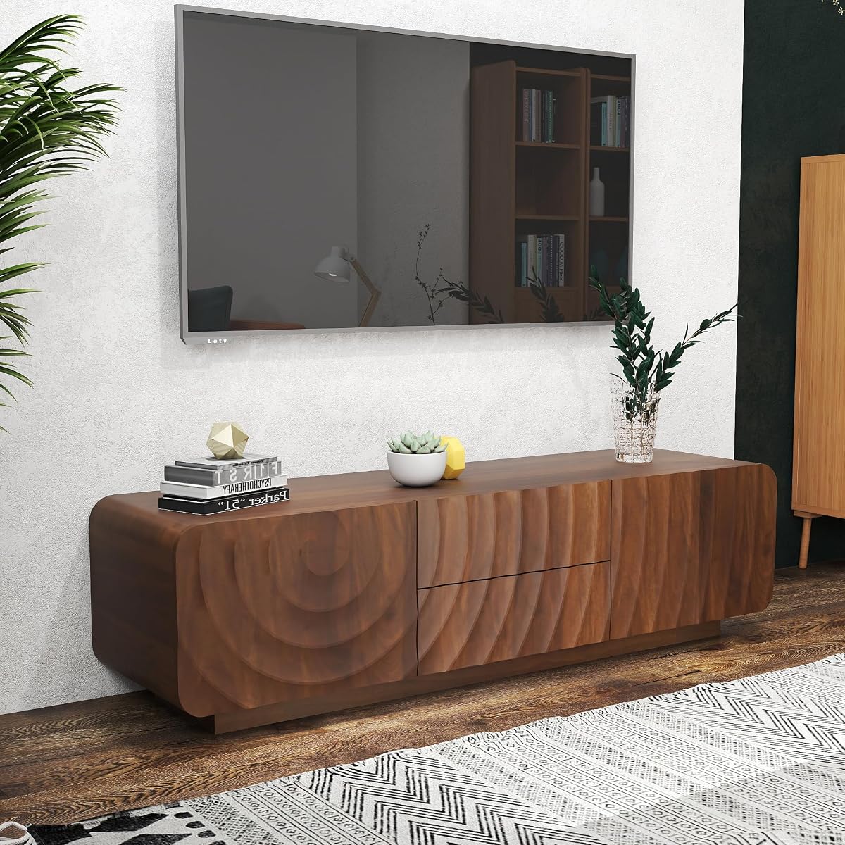 58" TV Stand with Storage, Spiral Wave Media Console with Drawers and Doors